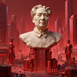 a hyper realistic digital art of mao zedong's sculpture in cyberfunkcity by mandy jurgens and alphonse mucha and alena aenami, highly detailed, hyperrealism, digital art, artstation, concept art, detailed and intricate environment, an expansive view of, red color scheme