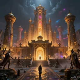 the ancient mythical city of shambhala and inhabitants, in the style of andrea pozzo, ultra realistic, atmosphere glow, detailed intricate, colorful, cinematic lighting, unreal engine, god lighting