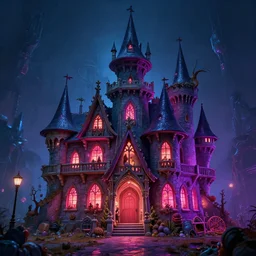 photo of castle the witch's candy house in hansel and gretel, 4 k rtx hdr volume light concept studio matte painting environement digital illustration style cyberpunk 2 0 7 7 artstation artur tarnowski, mihai muscan, marcin tomalak, marta leydy, marcin stepien, charlotte hughes, zuzanna dabrowa neon biolu