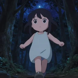 anime visual, portrait of a curious girl walking in a forest at night, night sky, very dark, ncute face by ilya kuvshinov, yoh yoshinari, dynamic pose, dynamic perspective, rounded eyes, kyoani, smooth facial features, dramatic lighting, tatami galaxy