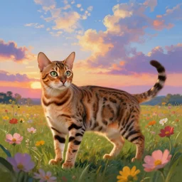 a savannah bengal hybrid cat, surreal photography, flower field, beautiful sunset on a summer day light, impressionist painting, colorful clouds, blue sky, digital painting, artstation, simon stalenhag