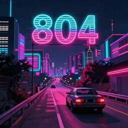 car driving down a road towards a city. Neon punk. Vaporwave. 80s.