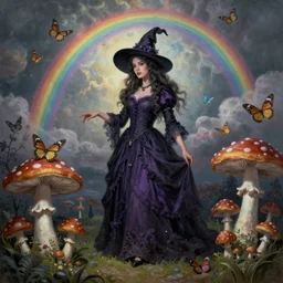 Inspired Tom Bagshaw, ultra realist soft paint of a curiosity carnival with mushrooms and butterflies, beautiful witch female in full long dress, focus, very intricate details, ominous sky, rainbow lighting, volumetric clouds, god rays