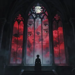 scifi scene and reas rocha, the picture in the eyes, the moon night, the gothic church, the huge window, the strange red, the clouds, the faces, the mist, the light sense. ghibli, matte painting, silhouette, film lens, full atmosphere, concept art