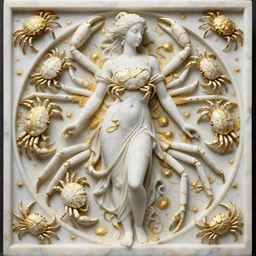 symmetry, intracate white marble bas relief sculpture of a woman made of crabs, white marble with gold wire inlay, thousands of crabs, thousands of spiders, thousands of tarantulas, highly detailed, intricately detailed, art nuevo, octane, 8 k, hdr, art by hr geiger and ridley scott and alphonse mucha, trending on artstation