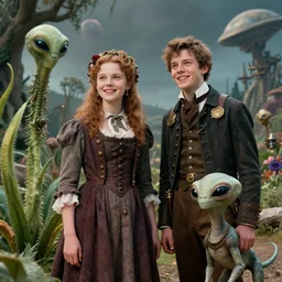 detailed, sharp, a girl and a boy standing next to some alien plants, looking happy, wearing 1850s era clothes, their small pet alien creature is standing nearby, in a park on an alien planet, steampunk, extremely highly detailed, hyperrealistic, in focus faces, highly detailed faces, 70 mm film still from a color period sci fi movie, 8k, HD