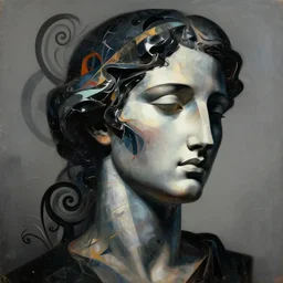 epic concept art. abstract female face silhouette mixing with black and color liquid fluid. abstract sculpture. art deco swirls. masterpiece, michelangelo. concept art, matte painting. greg rutkowski, wlop, victo ngai, kandinski