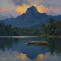 oil painting of tropical lake with small fishing boat, dusk, reflections, tall mountains and clouds, moody, colorful, cinematic light, artstation
