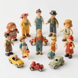 A highly detailed photograph of a collection of antique toys
