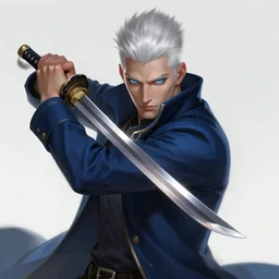 a highly detailed illustration of fierce short slick back white haired man wearing dark blue coat, bright blue eyes, dramatic wielding katana pose, intricate, elegant, highly detailed, centered, digital painting, artstation, concept art, smooth, sharp focus, league of legends concept art, wlop