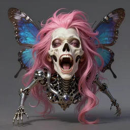 Death is swallowed up in victory, very detailed and beautiful face, pink hair, screaming, mechanical butterfly, artwork by artgerm, centered shot, wide angle, full body, Elfpunk, mythpunk, DD, fantasy, highly detailed, digital painting, artstation, smooth, sharp focus, art by thomas kinkade and H.R. Giger and Kevin Swartz