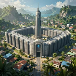 futuristic maximum security prison surrounded by poor slums, tropical climate, award winning, video game concept art, dystopian, UE5