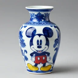 a delft blue vase with a happy mickey mouse depicted on it ; extremely detailed ; trending on artstation