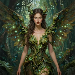 formal portrait of beautiful jungle goddess, painted by jesper ejsing. fantasy, sci - fi, v - neck dress made entirely of vines, wings, glowing eyes, regal, attractive, pretty, intricate detail, romanticism, vivid color scheme, studio lighting, artstation