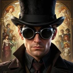 highly detailed closeup portrait of jill the ripper wearing goggles and a top hat, stephen bliss, unreal engine, greg rutkowski, loish, rhads, beeple, makoto shinkai, lois van baarle, ilya kuvshinov, ross draws, tom bagshaw, tom whalen, alphonse mucha, nicoletta ceccoli, mark ryden, earl norem, global illumination, god rays, detailed and intricate environment