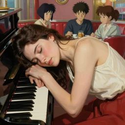a brunette woman sleeping on the piano, by lucian freud and drew struzan, hayao miyazaki, makoto shinkai, takashi takeuchi, by anne stokes and larry elmore, diner background, detailed, cream red and black colour scheme