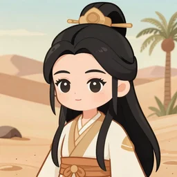 ancient asian dynasty princess, three kingdom, dynasty warriors, cute face, standing in an oasis in the desert, comics, beautiful, elegant, headshot, long black hair, digital painting, smooth, concept art