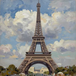 oil paint impasto reliefs, eiffel tower, super realistic, influenced by constables cloud studies, painted with expressive paint and cumulus clouds,