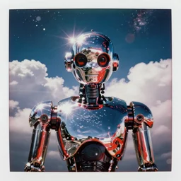analog polaroid portrait of a chrome robot looking at the camera, Hajime Sorayama, sheen, red reflections, unreal engine, azure sky, big clouds visible, sunlight, reflection, sparkles, space, stars, nebula, lensflare, film grain, depth of field, color bleed