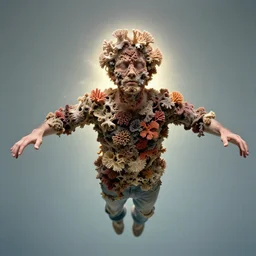 realistic photo of a blurred face of a man, covered in shriveling dead coral reef, emitting aura, floating in the air with his arms stretched out on him 1 9 6 0, life magazine photo, natural colors, metropolitan museum, kodak, 8 k, very detailed, high resolution, product photo,