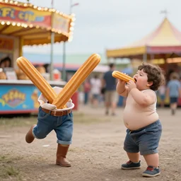 a churro dancing away from a chubby kid that's trying to eat it at a carnival