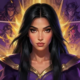 masterpiece head-on symmetrical centered painted portrait, Maya Ali as a mage, black hair, glorious, RPG character Blizzard Hearthstone concept art, pixar, maya engine on stylized background, splash comics, global illumination lighting, trending on artstation, by lois van baarle, ilya kuvshinov, rossdraws