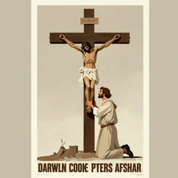 earth tone neutral palette, by darwyn cooke petros afshar beautiful graphic full body portrait, a man kneeling at the base of the christian cross, propaganda poster art 1 9 7 0 s illustrated advertising art, painterly character design limited palette