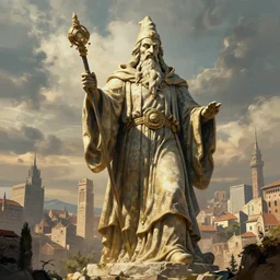 A large statue of a wizard guarding a city, landscape art, concept art, intense, fantasy, inspiring, colossus of rhodes