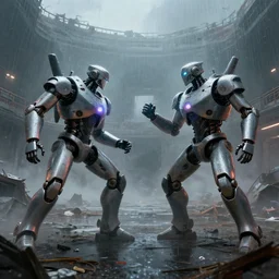 cinematic shot epic portrait two robots fighting eachother in an abandoned empty arena full of trash, foggy weather, cyberpunk, rain, glowing, broad light, ambient occlusion, volumetric light effect, made by ivan aivazovsky, peter mohrbacher, greg rutkowski, matte painting, trending on artstation, 4 k, perfectly defined features, digital painting, cinematic, epic, highly detailed,