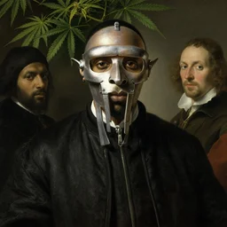 high quality celebrity painting of rap artist mf doom by the old dutch masters, marijuana leaves in background, rembrandt, hieronymous bosch, frans hals