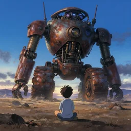 backview still of a kid looking to a steampunk monumental!!!!! giant!!!!! rusty robot - tractor sit the ground, sun light, finely detailed features, dramatic blue hour, twilight, cinematic shot, desert, gapmoe yandere grimdark, trending on pixiv fanbox, painted by greg rutkowski makoto shinkai takashi takeuchi studio ghibli, akihiko yoshida, artstation