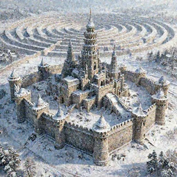 fantasy concept art, high detail, 8k, snow covered walled medieval city, labyrinth in the background