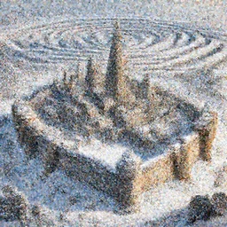 fantasy concept art, high detail, 8k, snow covered walled medieval city, labyrinth in the background
