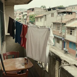 a film still from Tekkonkinkreet by Ian McQue , close-up of detailed balcony with washing line and clothing, table and chairs with a soda can beside a radio, dusty favela city street below, intimate, bits of broken light, hazy atmosphere, vibrant, 50mm lens, video game character and environment design, 2d game lineart behance hd, studio, dramatic lighting, cinematic, global illumination, trending on Artstation, bloom