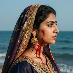 portrait of a pakistani woman :: side profile :: blood :: background sea :: intricate details  ::  gold :: oxygen implant :: 8k :: simon stalenhag and Sandra Chevrier