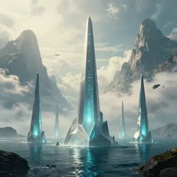 alien oceans in daylight, sharp geometrical glowing monoliths towering from the water, huge mountains in clouds on the background, cinematic lighting, ambient dreamy atmosphere, detailed, by syd mead, john harris, science - fiction, centered, cover art