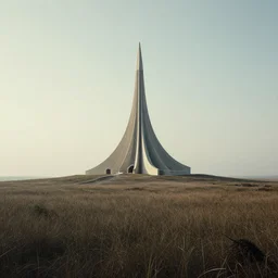 A serene landscape with a singular building in the style of H.R Giger