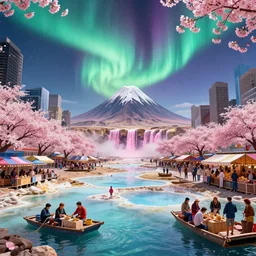 floating markets of times square on new york with mount roraima on danakil depression with acid pools during sakura season on an interstellar aurora borealis, pink waterfalls, vendors, festivals, fun, by peter mohrbacher, james jean, james gilleard, greg rutkowski, vincent di fate, rule of thirds, octane render, clean detail, 4 k, beautiful landscape