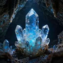 magic crystals in blue cave, realistic, cinematic, filmic, detailed
