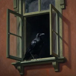 a raven and a character in an open window at night, victorian architecture, by algernon blackwood