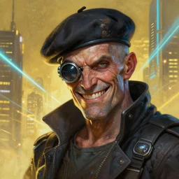 an intimate portrait of a gnarly human cyberpunk captain, old skin, faded beret, charming, strong leader, metal eye piece, a look of cunning, big smile, detailed matte fantasy painting, golden cityscape, lasers, sparks, yellow and blue and cyan