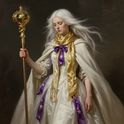 an alchemist with long light white hair and a gold scarf, windy, cape, purple ribbons, stars, melancholic, modern maximalist fashion dress, is ( ( holding a staff ) ). light dust, magnificent, hyperdetailed, theatrical, painted by jean honore fragonard and greg rutkowski