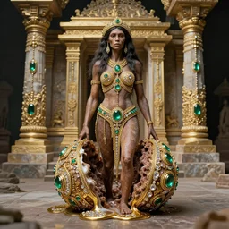 “ surrealistic full body photo of a very primitive pre-human Neanderthal woman jewel melted in a meatball gold jewel like a mitological temple with smeralds and diamonds , anthropology photography, color kodakcrhome 64,National Geographic ”