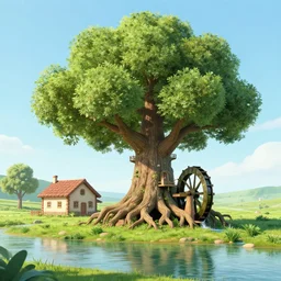 a giant tree next to a river with a house and waterwheel built into it's roots, from a fantasy point and click 2 d graphic adventure game, art inspired by thomas kinkade, king's quest, sierra entertainment games, colorful landscape painting