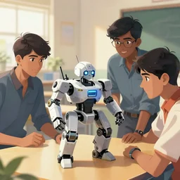 Indian students working on a robot as an anime