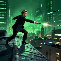 macron dodging bullets on a rooftop, slowtime, in matrix, realistic, matrix lut, american shot, green matrix light,