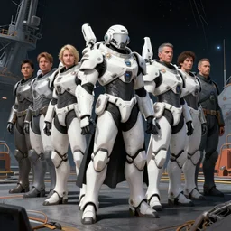 high intricate space marine with white sci - fi armor and black garment, on space harbor, full shot, maria panfilova, andrea savchenko, mike kime, ludovic plouffe, qi sheng luo, oliver cook, julian calle, eddie mendoza, trending on artstation