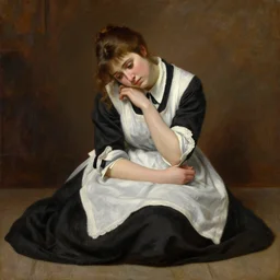 painting by Edmund Blair Leighton of a beautiful barmaid sitting on the floor  looking sad, detailed face