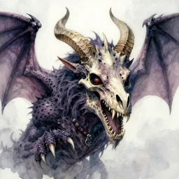 Diabolical Scaly Paws Sharp horns gerald brom greg rutkowski raymond swanland Christophe Young Cristi Balanescu artstation ancient dracolich flying wraith dragon, wearing bone crown lich skeleton crypt watercolor face head eyes teeth snout collar ASPCA adoption center tombow