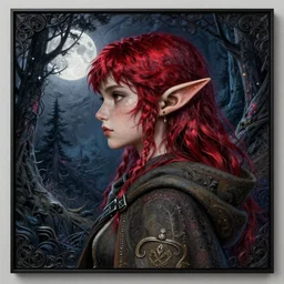 side portrait high-fantasy elf girl with detailed pointed sharp long ears, adventurer outfit large cloak, fantasy forest landscape, moonshine, fantasy magic, feathery red hair, dark light night, intricate, elegant, sharp focus, illustration, highly detailed, digital painting, concept art, matte, art by WLOP and Artgerm and Greg Rutkowski and Alphonse Mucha, masterpiece
